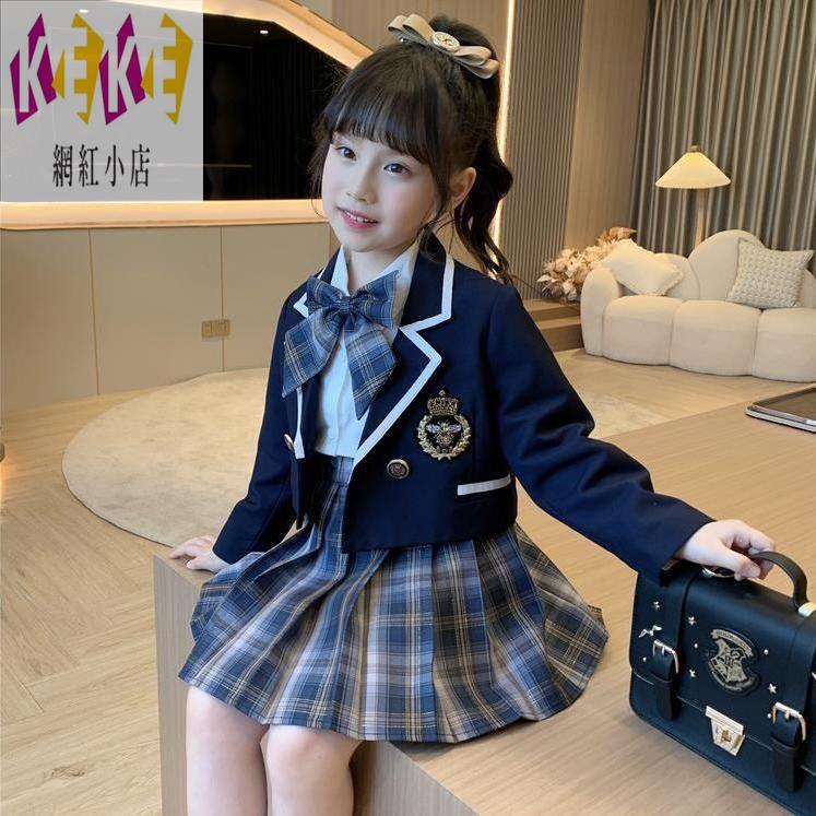 💗keke優選💗 女童 學院風 童裝 JK套裝 西裝外套 新款中大童 三件套 洋氣 jk制服 兒童女孩裙子