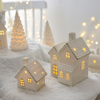 【HONG YANG】北歐創意陶瓷小房子圣誕節裝飾品圣誕發光雪房子家居INS擺件 聖誕裝飾 聖誕節 發光 陶瓷 房子