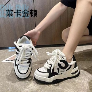 【時尚麵包鞋】厚底熊貓小白鞋女 2024秋季新款厚底板鞋 百搭時尚老爹鞋 小眾係帶休閒鞋 設計運動闆鞋 拼色女鞋
