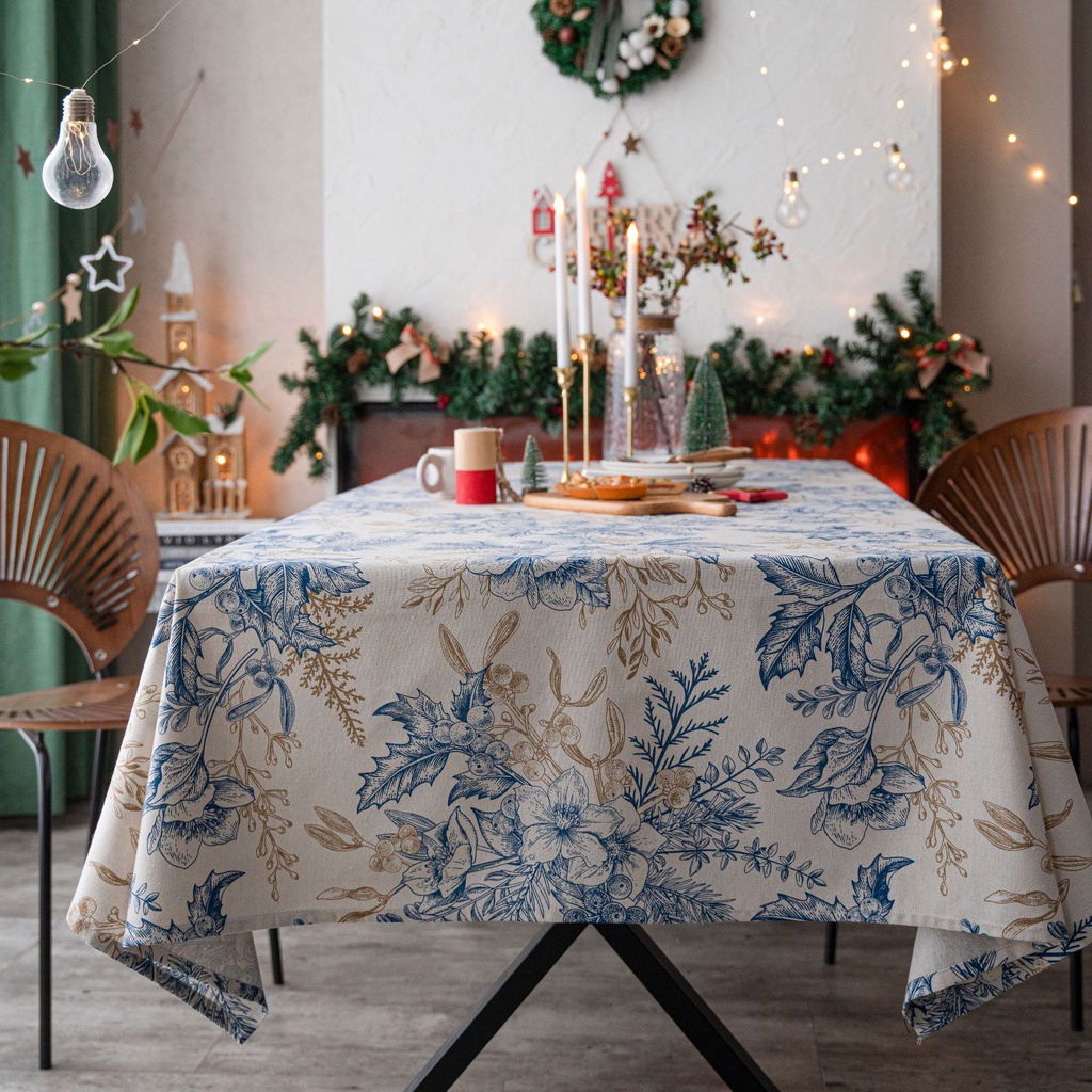 桌布 鬆枝藍色桌巾 印花聖誕桌布 節日餐桌布 美式布藝桌巾 長方形防塵桌布 餐桌巾