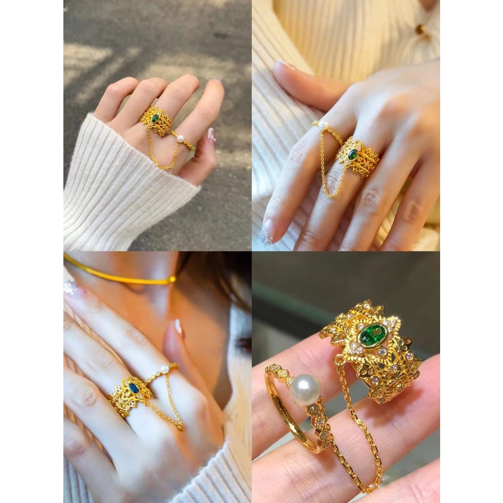 古法花絲金色戒指女雙戒鑲嵌綠寶珍珠鏤空蕾絲鏈條宮廷二合一套戒