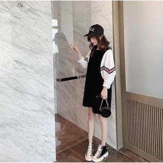 SY韓版洋裝長袖連身裙女春秋百搭中長款A子裙寬鬆假兩件圓領打底蝙蝠衫休閒連身裙