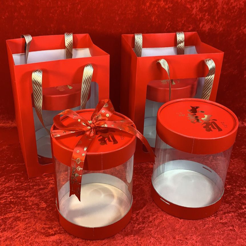 新年抱抱桶春節烘焙紅色禮盒透明牛軋糖雪花酥糯米船蛋糕包裝盒袋