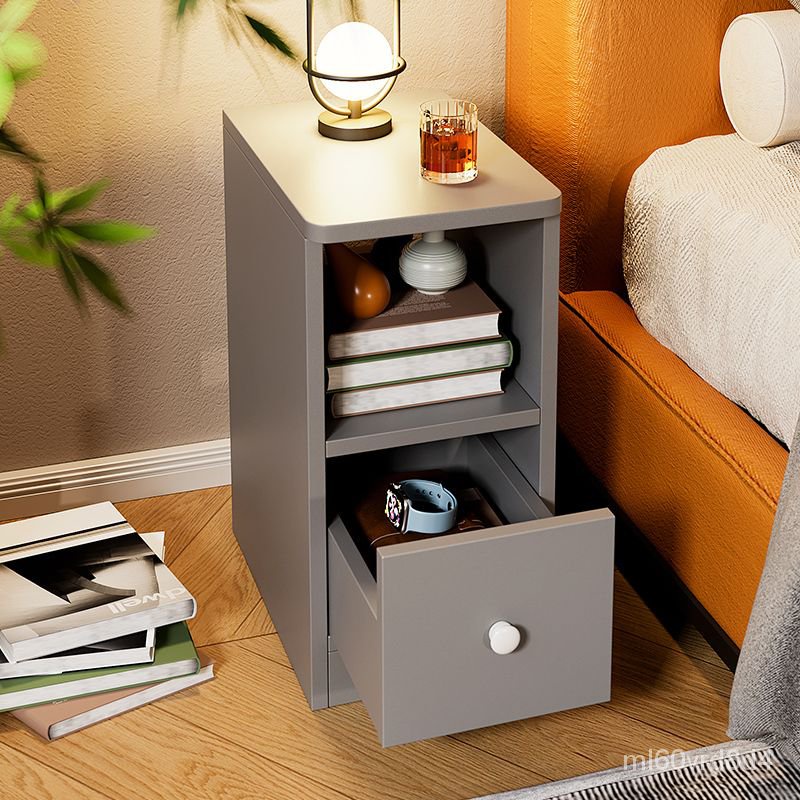 超窄簡易床頭櫃子迷你小型簡約臥室傢用出租屋置物架床邊桌實木色 ARUL