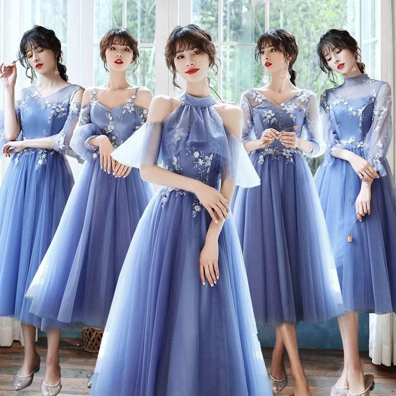 伴娘禮服 洋裝 晚宴禮服 婚紗禮服 藍色 伴娘服 氣質 冬季 平時可穿 姐妹團小禮服女 小個子洋裝
