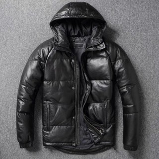 皮外套頭層牛皮羽絨服真皮皮衣男士連帽青年冬季加厚保暖大碼休閑外套潮皮外套男 騎士皮衣 防摔皮衣 真皮皮衣