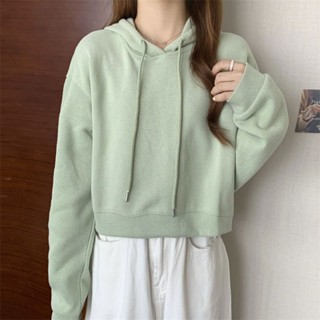 【Sweet Oversize】新款2023女秋季短款連帽衛衣薄款潮ins寬鬆韓版高腰套頭長袖上衣