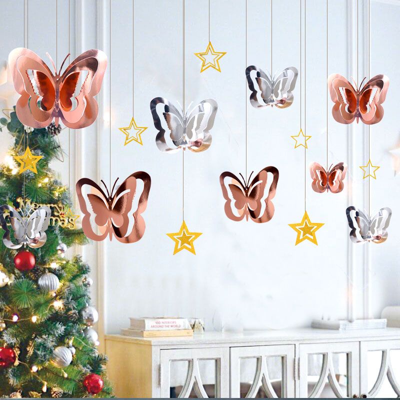 【場景佈置】圣誕節裝飾店面場景氛圍布置雪花蝴蝶掛件櫥窗吊頂天花板