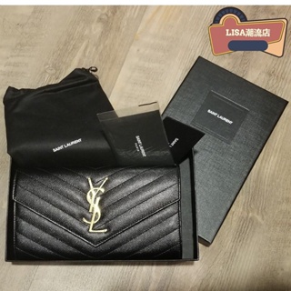 LISA二手 SAINT LAURENT YSL 聖羅蘭 黑金 荔枝紋 長夾 信封錢包 372264