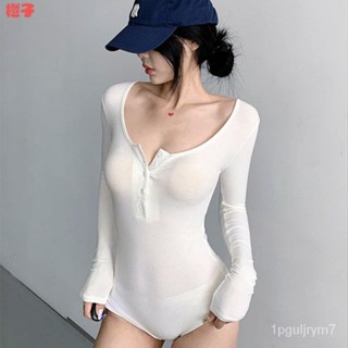 連體衣🎀秋季純慾風連體T恤女v領辣妹性感內搭打底衫美式小眾修身長袖上衣