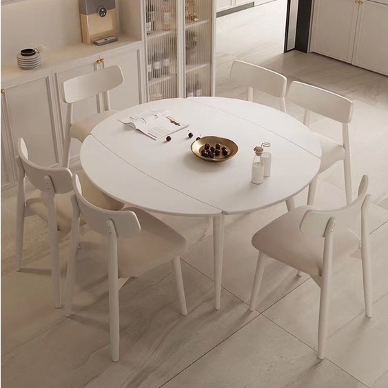 奶油風桌子純白色岩板實木餐桌可伸縮方圓兩用小戶型餐桌椅組合 餐桌 飯桌 圓餐桌 餐凳 餐桌 餐檯 長餐桌 拉伸飯臺 餐椅