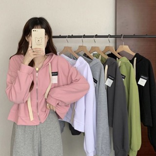粉色抽繩連帽開衫衛衣外套女|春秋薄款寬鬆顯瘦上衣外套|bf慵懶風拉鏈短款上衣|韓版長袖連帽衛衣外套