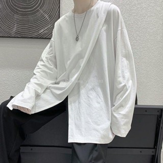 小藍書ins熱門上衣春秋季港風男生長袖T恤 S-3XL 韓版寬鬆開衩上衣潮流百搭時尚長袖 大尺碼T恤 百搭T恤 男生長袖