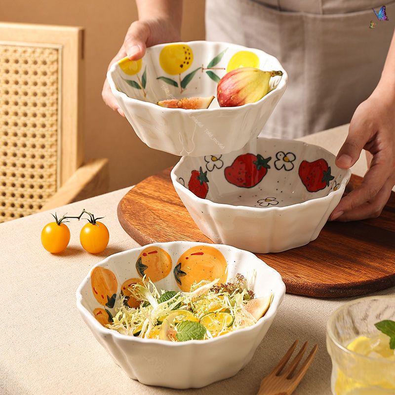 蝦皮優選森檸手繪陶瓷碗小碗家用可愛飯碗沙拉碗水果碗蒸蛋碗空氣炸鍋烤碗