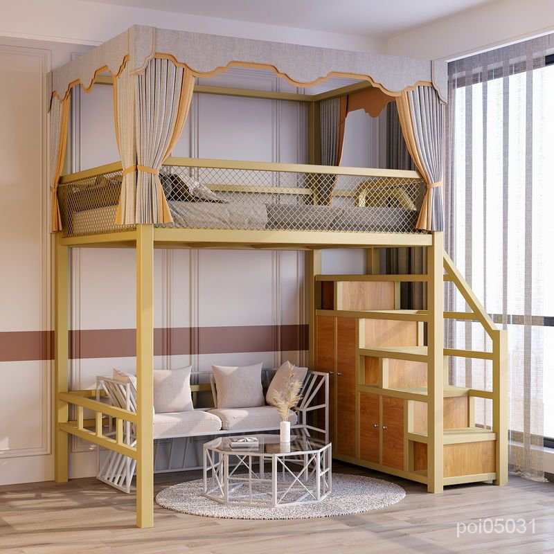 客製化-自主工廠 鐵架床 傢用複式二樓床閣樓床 加厚加粗鋼材 櫃梯儲物 高架床 下空梯櫃架子床 小戶型高低床 鐵藝床