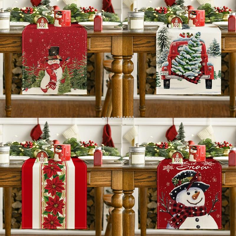 【亞麻】72寸聖誕桌旗紅黑格子亞麻桌旗聖誕裝飾廚房餐桌裝飾聖誕快樂桌布聖誕派對裝飾品