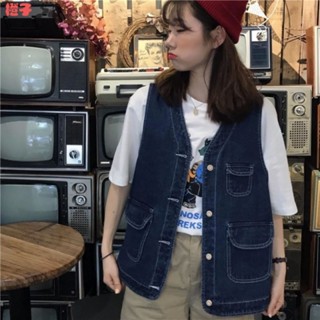 馬甲背心🎀牛仔馬甲女春秋韓版寬鬆bf百搭外穿學生V領工裝複古無袖上衣外套