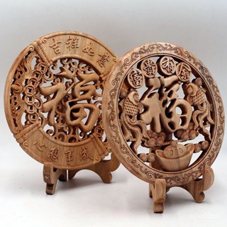 ⭐精選優品⭐老式 香樟木 圓形 本色 鵰刻 福字 掛件 客廳 裝飾品 實木 桌麵 擺件 工藝禮品