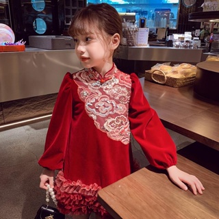熱賣新品 女童中國風洋裝刷毛冬裝2023新款洋氣兒童紅色公主裙女孩拜年服