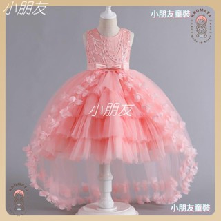 小朋友🍓女童網紗拖尾公主裙 花童禮服小洋裝 蓬蓬蕾絲無袖禮服 生日婚禮派對正式服裝2-12歲XPY