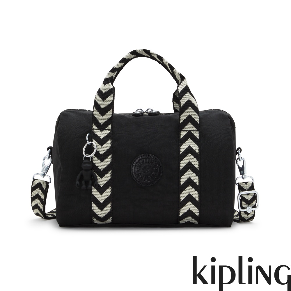 Kipling 黑色人字纹拼接中型圓筒手提肩背兩用包-BINA M