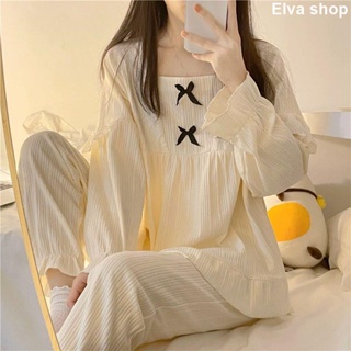 【Elva shop】睡衣女 棉質長袖睡衣 蕾絲花邊睡衣套裝 成套睡衣 公主風蝴蝶結睡衣 春秋季 舒適親膚純棉 居家