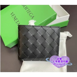 二手Bottega Veneta BV 黑色牛皮中格雙折短夾 男生錢包 錢夾 零錢包605721 男士皮夾 錢包