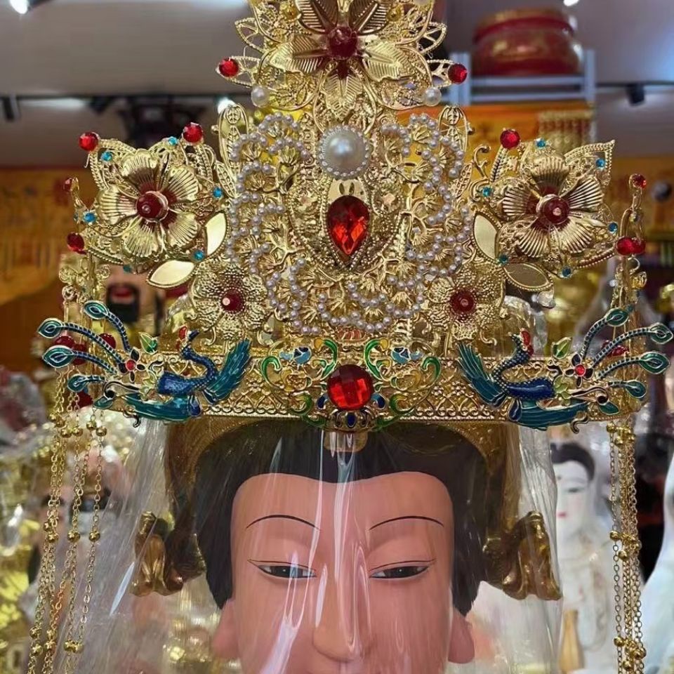 爆款神明頭飾佛像鳳冠神像帽冠娘娘鳳冠神帽觀音帽子神明佛像娘娘帽三鳳冠