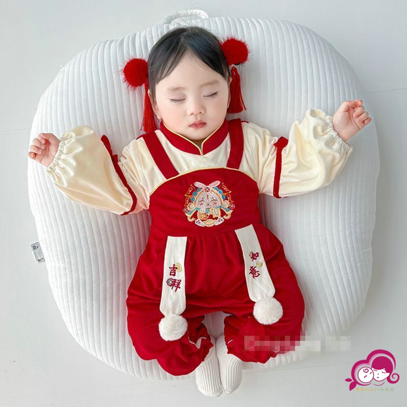 嬰兒週歲服 滿月服 新年服 嬰兒服 嬰兒春秋季中國風喜慶紅色卡通連體衣 女寶寶滿月周歲新年哈衣爬服