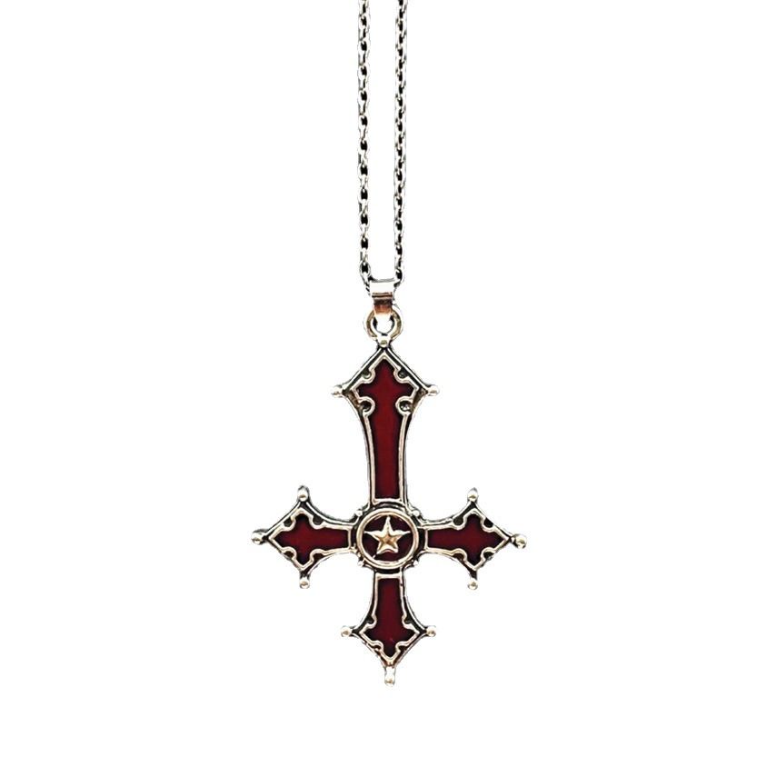 血紅色哥特式倒十字吊墜項鏈 飾品歐美朋克風十字架飾好康百貨