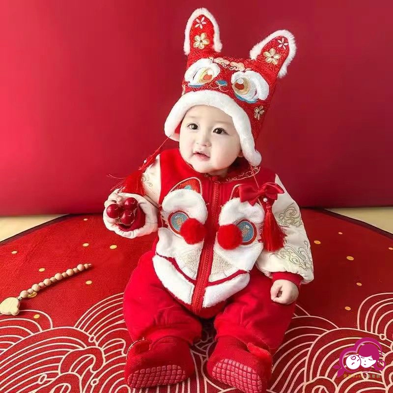 嬰兒週歲服 滿月服 新年服 嬰兒服 寶寶衣服冬季連體衣 中國風唐裝百天滿月嬰兒哈衣夾棉加厚外出抱衣