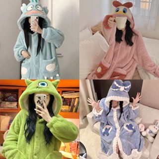 【玲瓏日記】醜魚漢頓 維尼 史迪奇 大眼仔 熊抱哥睡袍 女冬季珊瑚絨睡裙 加絨加厚睡衣 法蘭絨睡袍 可外穿睡裙家居服
