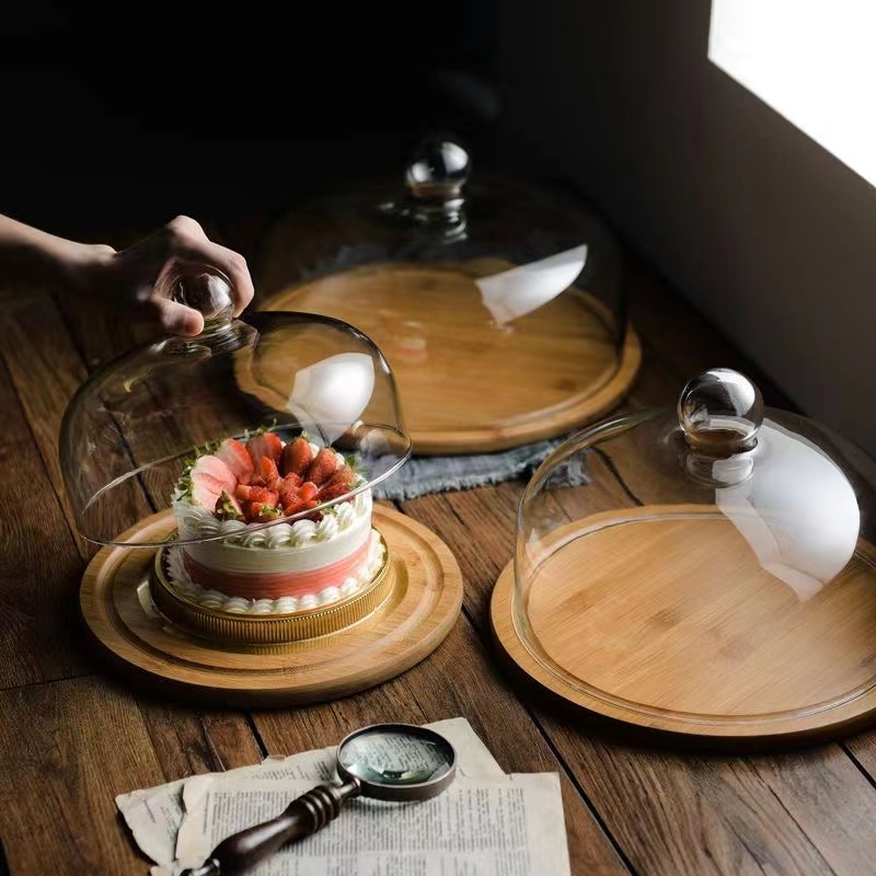 蛋糕玻璃罩透明玻璃蓋子 水果麵包點心罩 帶蓋甜品店展示試喫托盤