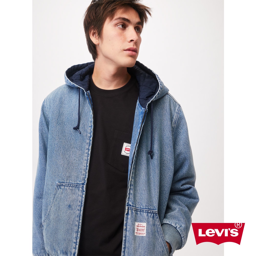 Levis 寬鬆版牛仔鋪棉連帽外套 / 精工中藍染石洗 男款 A3222-0000 熱賣單品