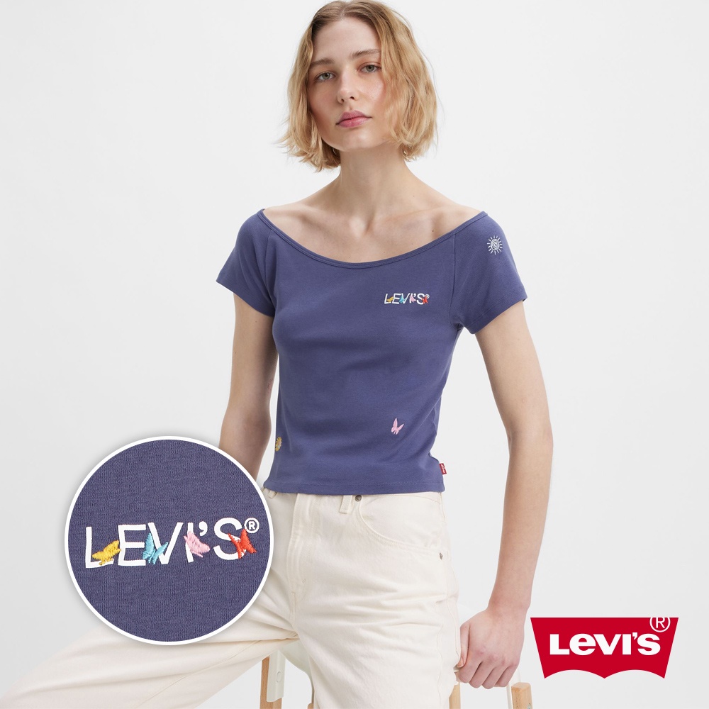 Levis 修身短版T恤 / 蝴蝶、小花Logo刺繡 靛藍 女款 A6065-0001 熱賣單品