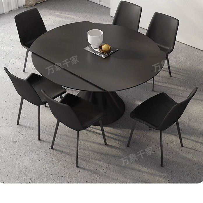 餐桌 北歐餐桌 客廳餐桌 飯桌 餐桌椅 桌子 大理石餐桌 黑色巖闆餐桌可變圓桌 現代簡約傢用小戶型方圓兩用旋轉伸縮圓餐桌