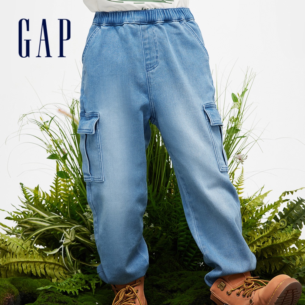 Gap 男童裝 Logo工裝束口鬆緊錐形牛仔褲-淺藍色(890277)