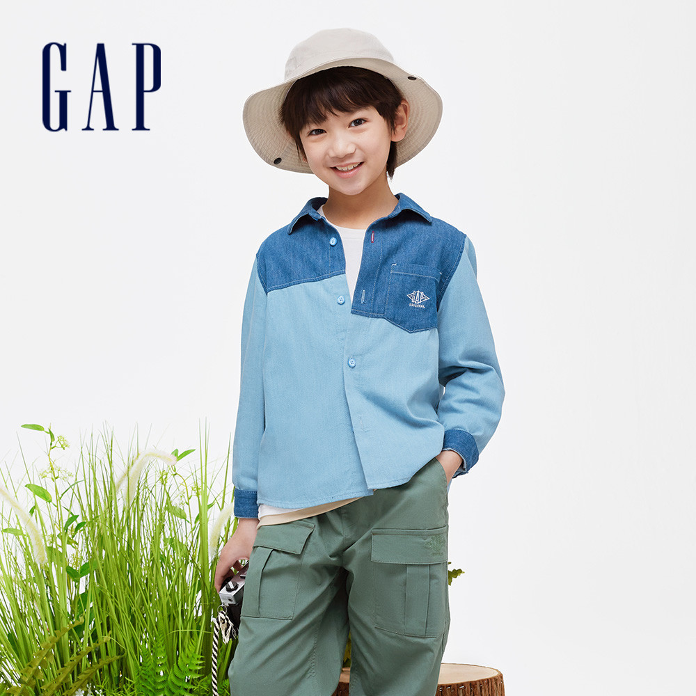 Gap 男童裝 Logo純棉印花翻領長袖牛仔襯衫-藍色(463136)