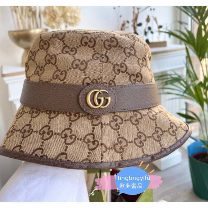 歐洲奢品購GUCCI 古馳 帽子古馳新款雙G金扣滿logo印花帆布漁夫帽 576587 女生帽子 冬季百搭 帽子