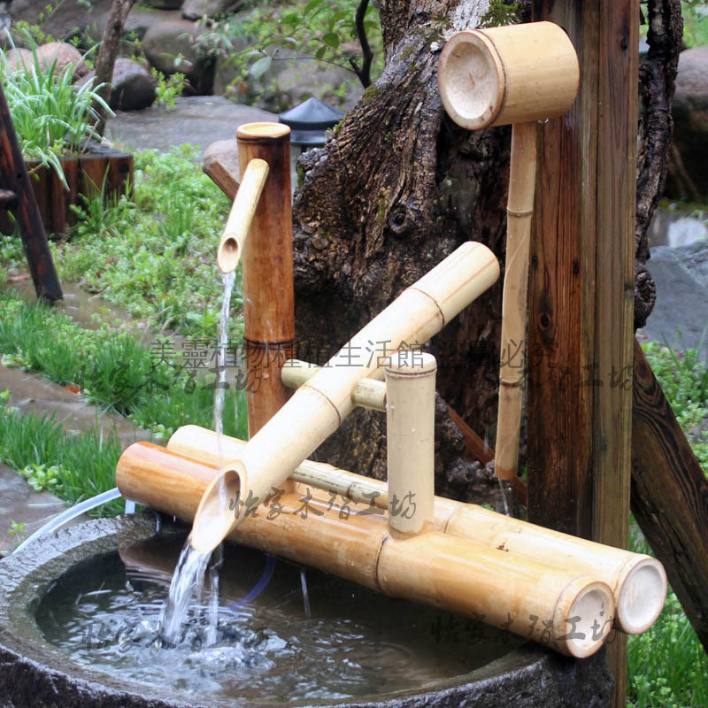 竹子架盆 竹製添水驚鳥器 滴水車流水景觀噴頭僧都噴泉園藝日式驚鹿 水池造景流水