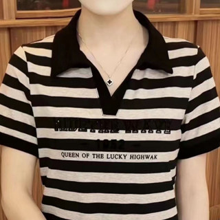 春夏短袖上衣女POLO衫女高檔polo領條紋T恤女夏季新款年輕媽媽裝百搭寬鬆遮肚上衣大尺碼 5xl 95公斤 大碼媽