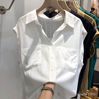 超熱賣🌈白色襯衫女夏季短袖設計感小衆輕熟薄款寬鬆複古港味無袖法式上衣 D0VT