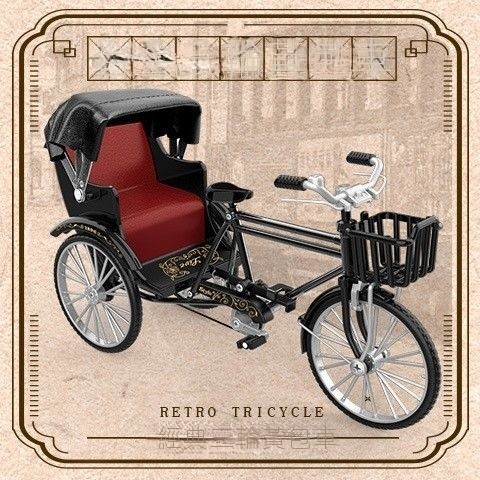 仿真復古人力黃包車 合金車模型 創意懷舊老爺車 擺件 裝飾品 三輪腳踏車模型 男孩禮物 節日禮物
