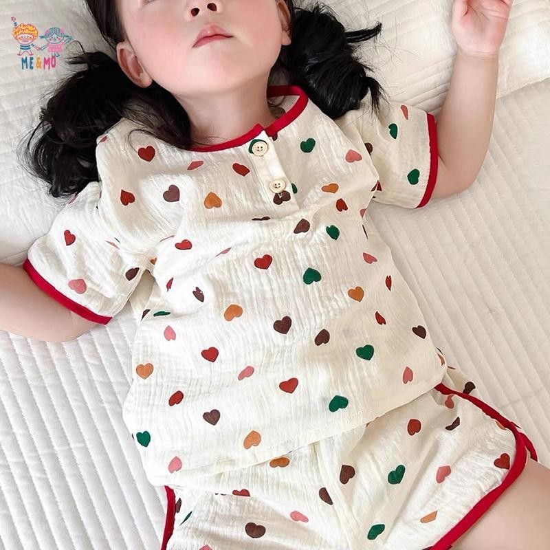 ME&amp;MO童裝 兒童夏季睡衣 舒適棉質兒童睡衣韓國兒童夏季高級家居服雙層紗布睡衣男童女童居家外出服