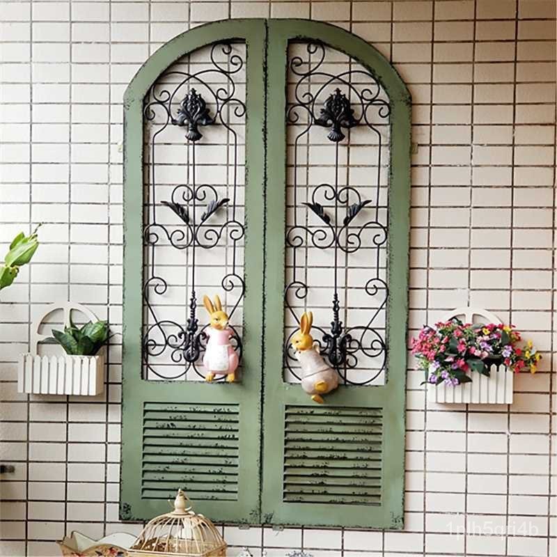美式假窗戶裝飾仿真木窗框墻壁複古鐵藝花園墻飾陽臺墻麵掛件做舊