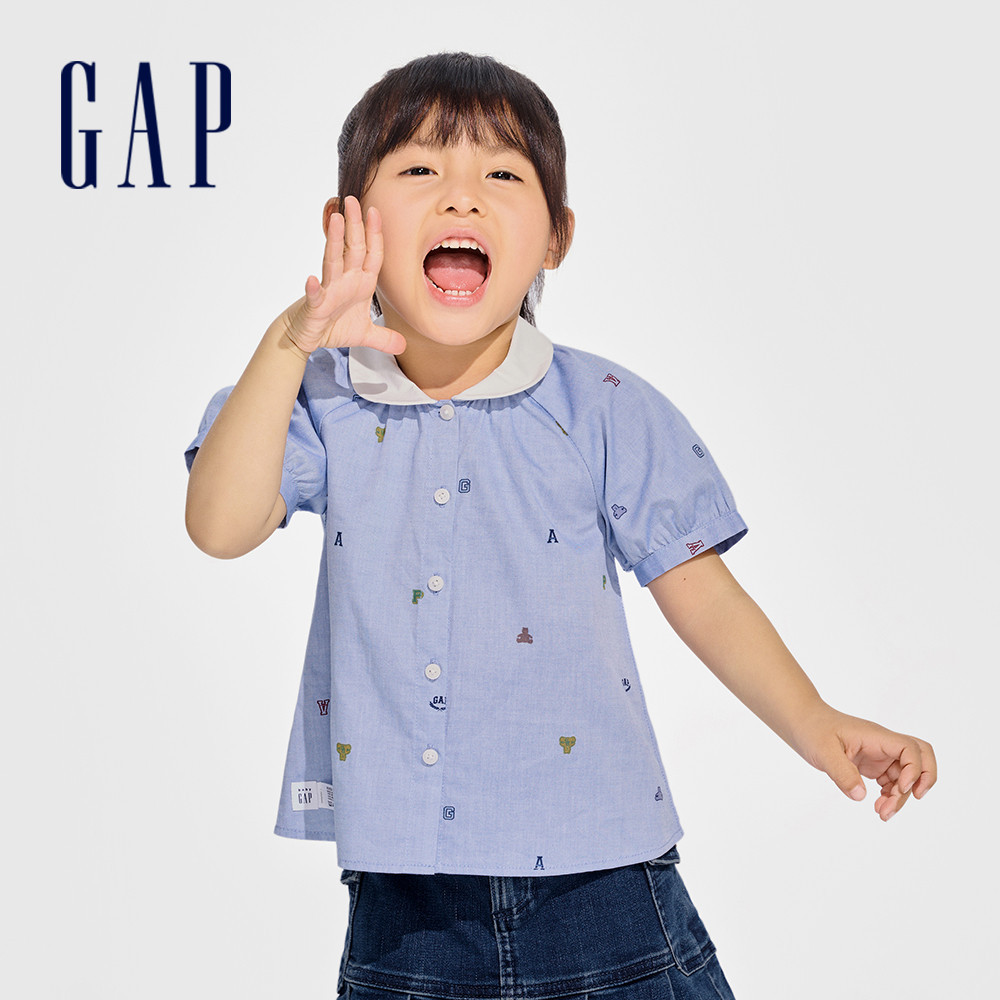 Gap 女幼童裝 Logo純棉小熊印花翻領長袖襯衫-藍色(890350)