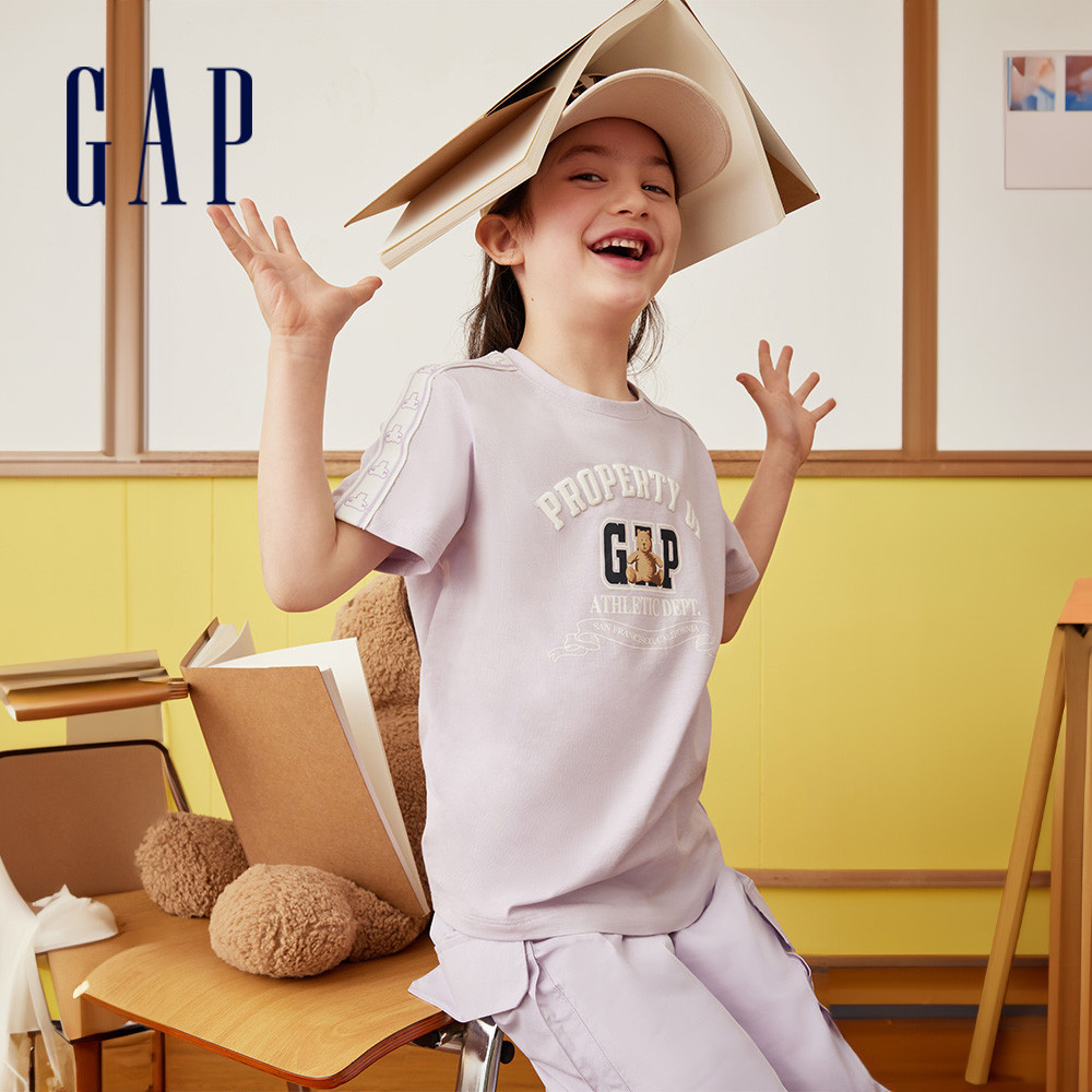 Gap 女童裝 Logo純棉小熊印花圓領短袖T恤-紫色(891988)