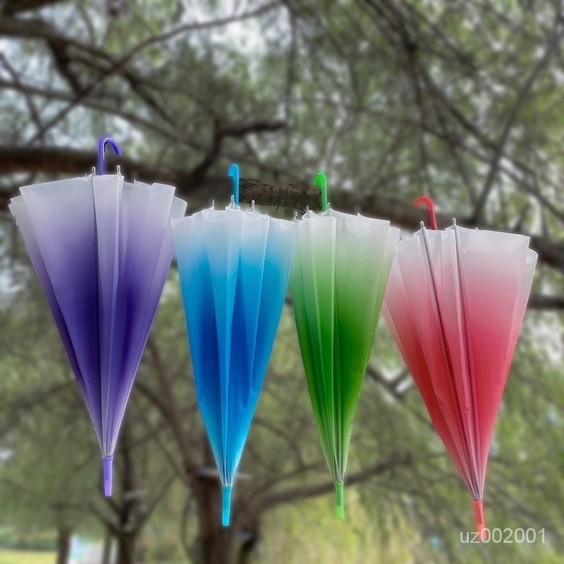 漸變長柄雨傘半自動創意透明蕾絲傘韓版網紅彩虹學生傘廣告傘 BOB9