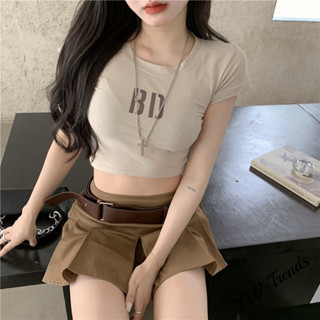 【YW】歐美辣妹BM風短袖t恤女 短版短袖上衣女 緊身上衣 百搭顯瘦字母印花t恤 露肚臍上衣 女裝