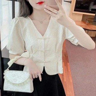 SY雪紡上衣短袖襯衫女夏季設計感小眾洋氣新款法式V領上衣珍珠扣泡泡袖短板上衣